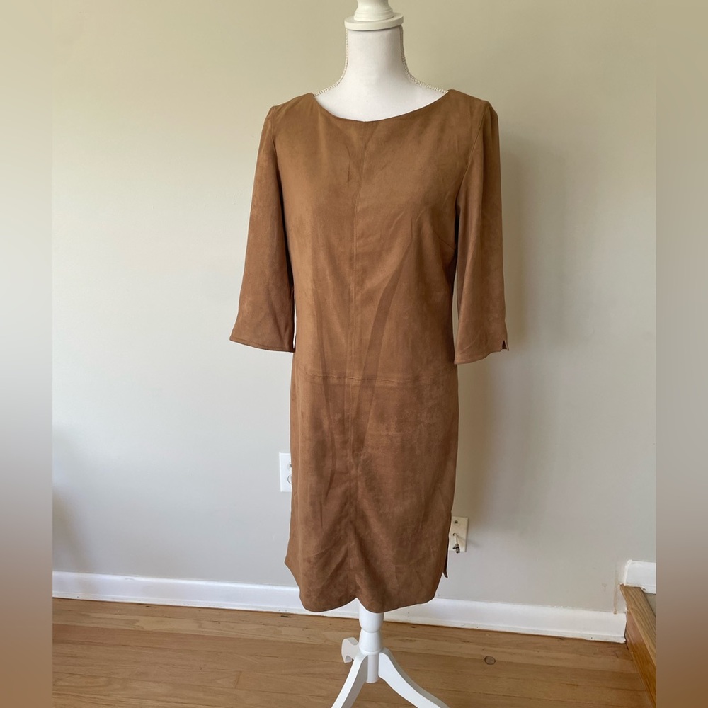 Vintage suede feel 3/4 sleeve knee length dress tan camel size 10